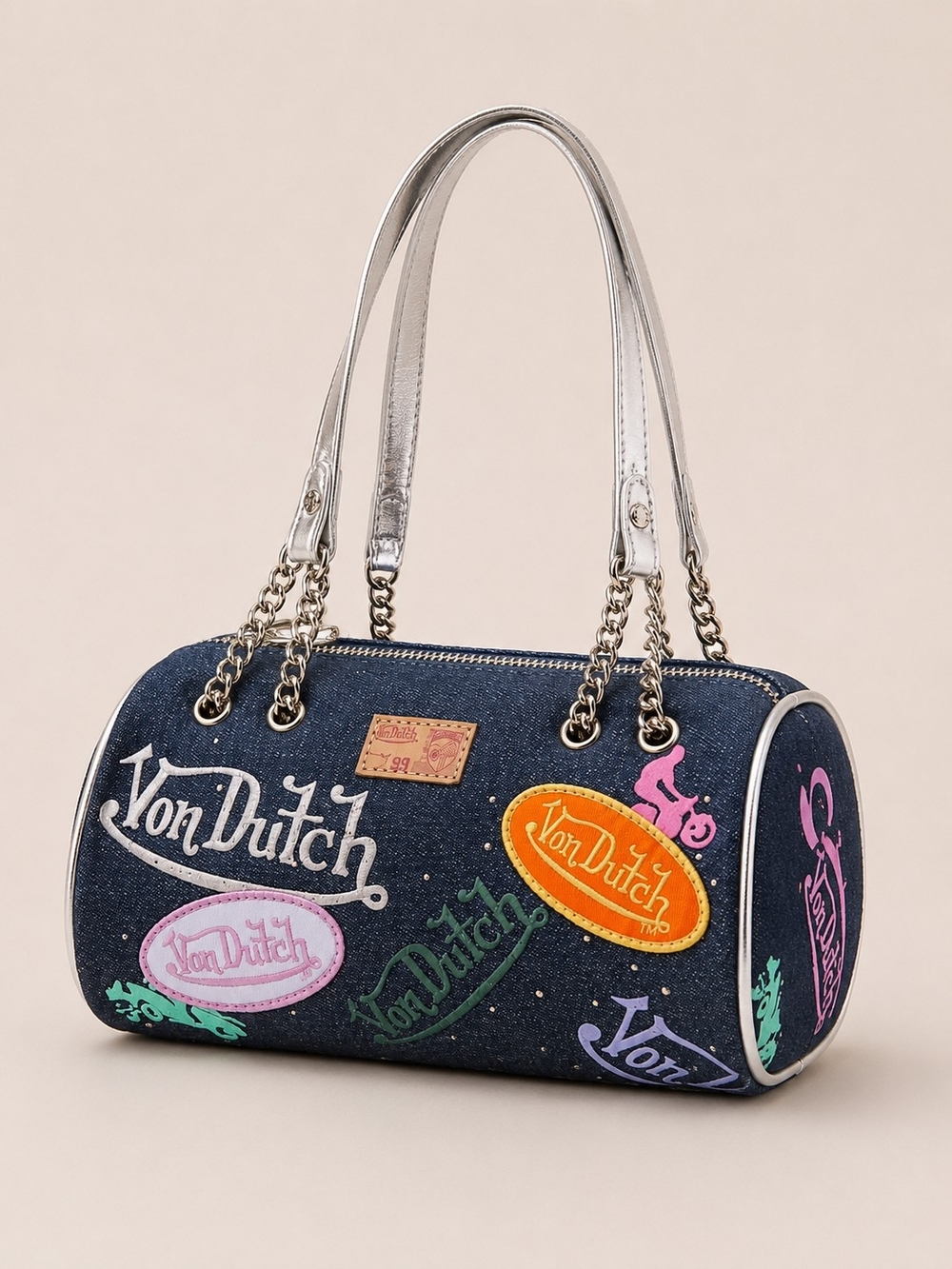 🆕️Von Dutch Y2K Denim Barrel Bag Silver Chain Shoulder Purse Rare